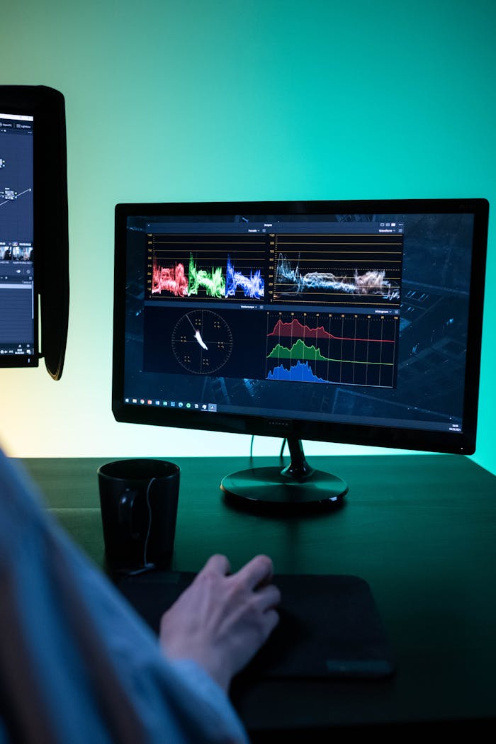 Modern workspace setup with dual monitors showcasing editing software and data analysis.